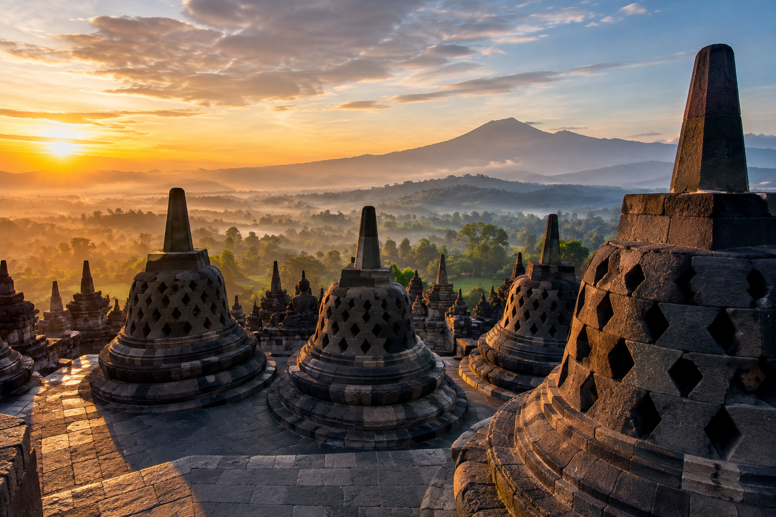 Borobudur: qadimgi ma'badning toshi, relyeflari va sukunati orqali o'tadigan yo'l