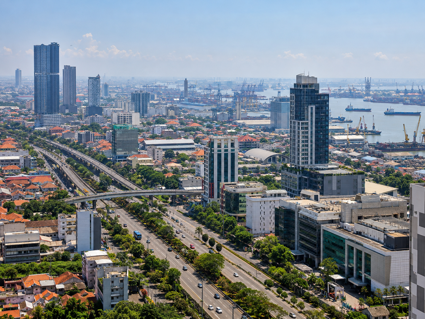 A wide view of Surabaya's cityscape: modern buildings, roads, and a port atmosphere