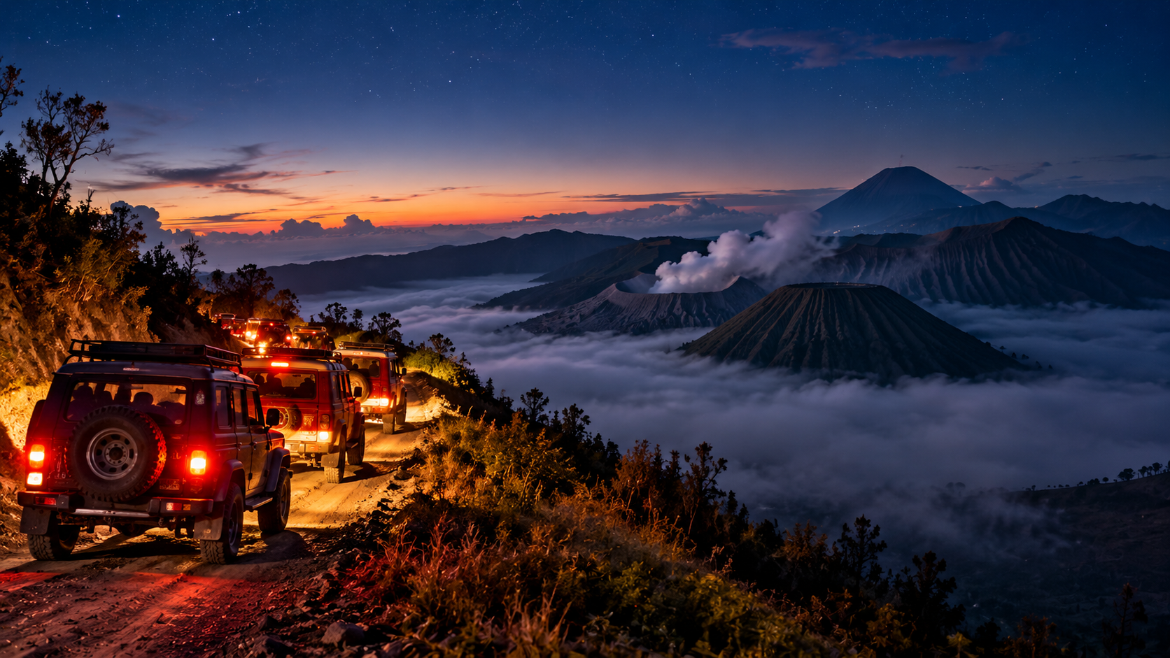 Quyosh chiqqandan keyingi tong Bromo, tiniq yorug'likda yashil va vulqon yonbag'irlari