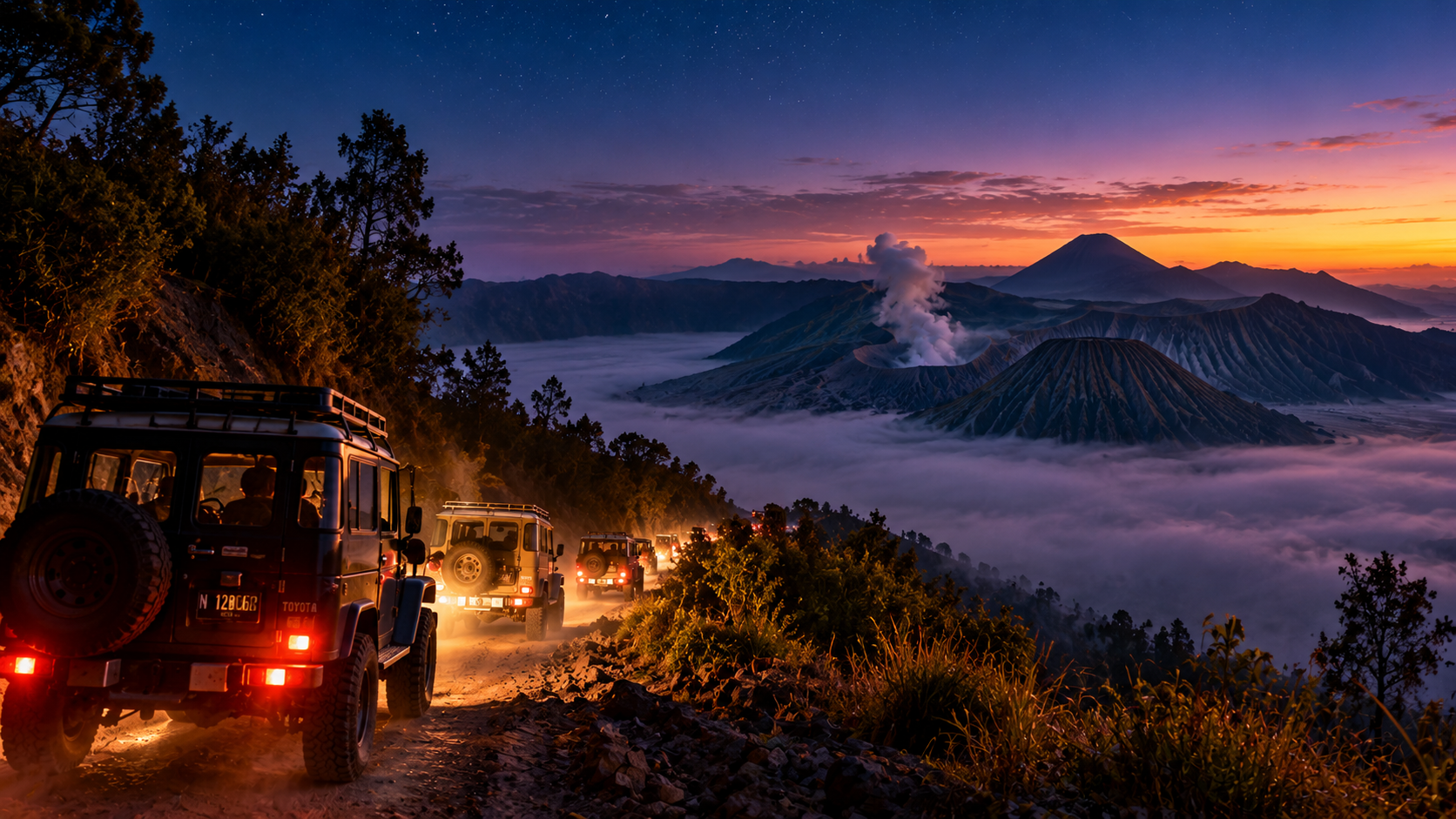 Bromo va kalderaning keng yakuniy manzarasi tong yorug'ligida