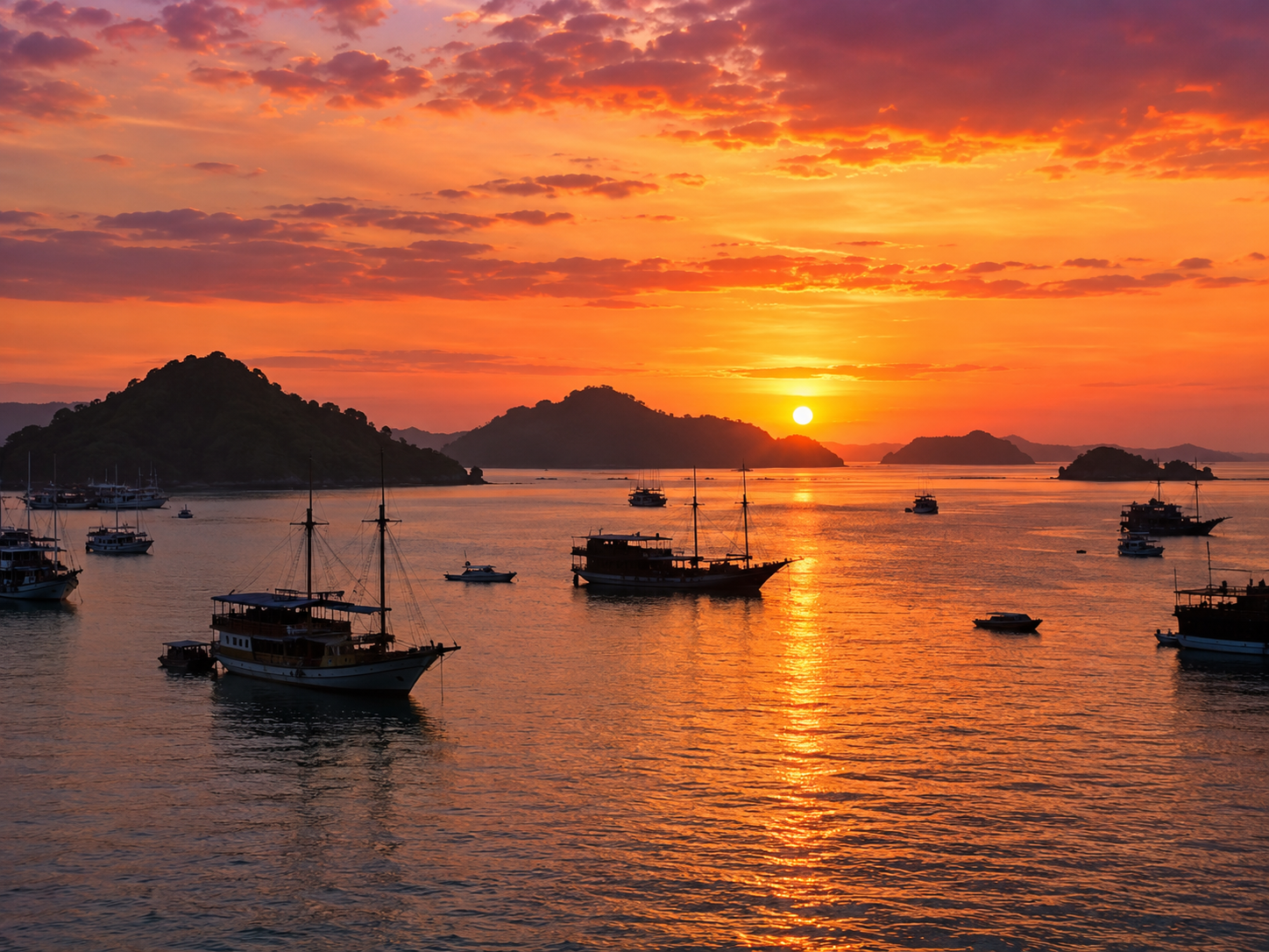 Sunset over Labuan Bajo harbor, boats silhouetted and islands on the horizon