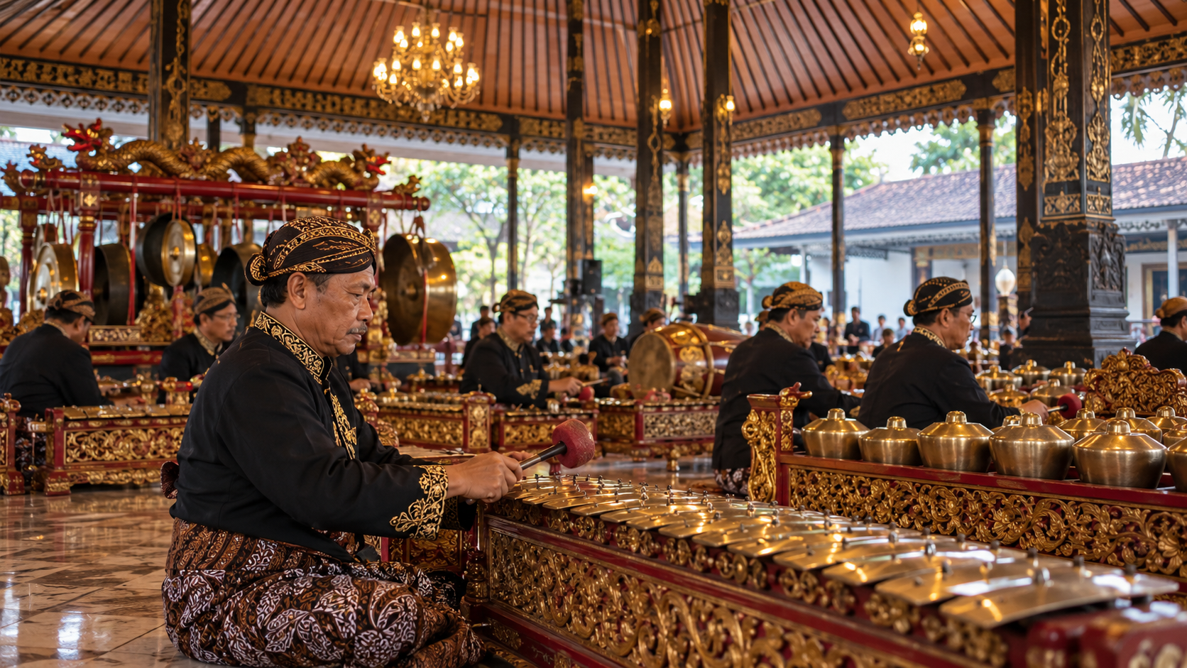 saroyda yoki an'anaviy yakkaxon pavilyonda gamelan ansambli