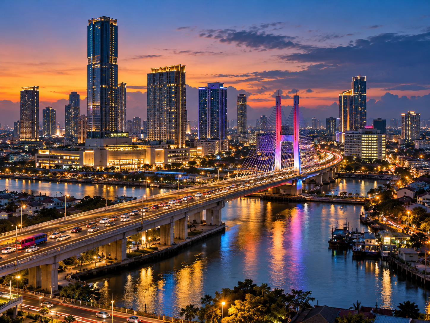 Evening modern Surabaya: lights, traffic, a bridge, or a city panorama