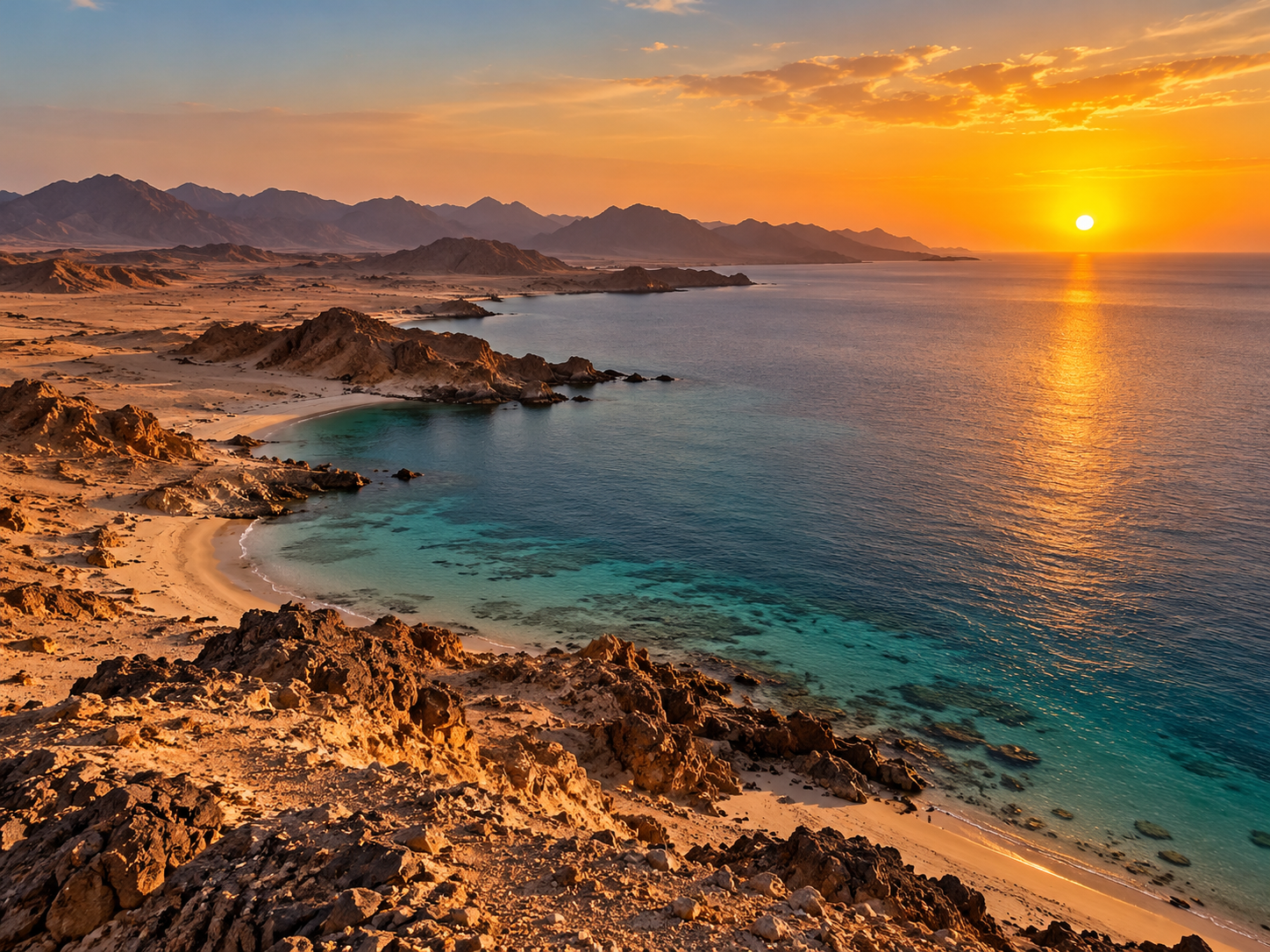 شاطئ البحر الأحمر المهجور عند غروب الشمس، الصخور والبحر وضوء المساء الدافئ