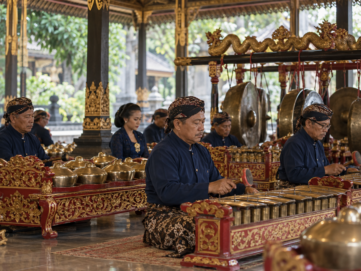 an'anaviy Yava pavilyonida gamelan musiqachilari