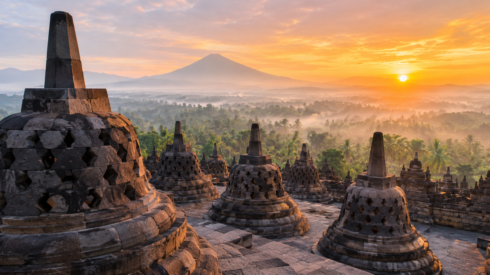 Borobudur tepaligidan yashil dalalar va vulqon tog'larining panoramasi