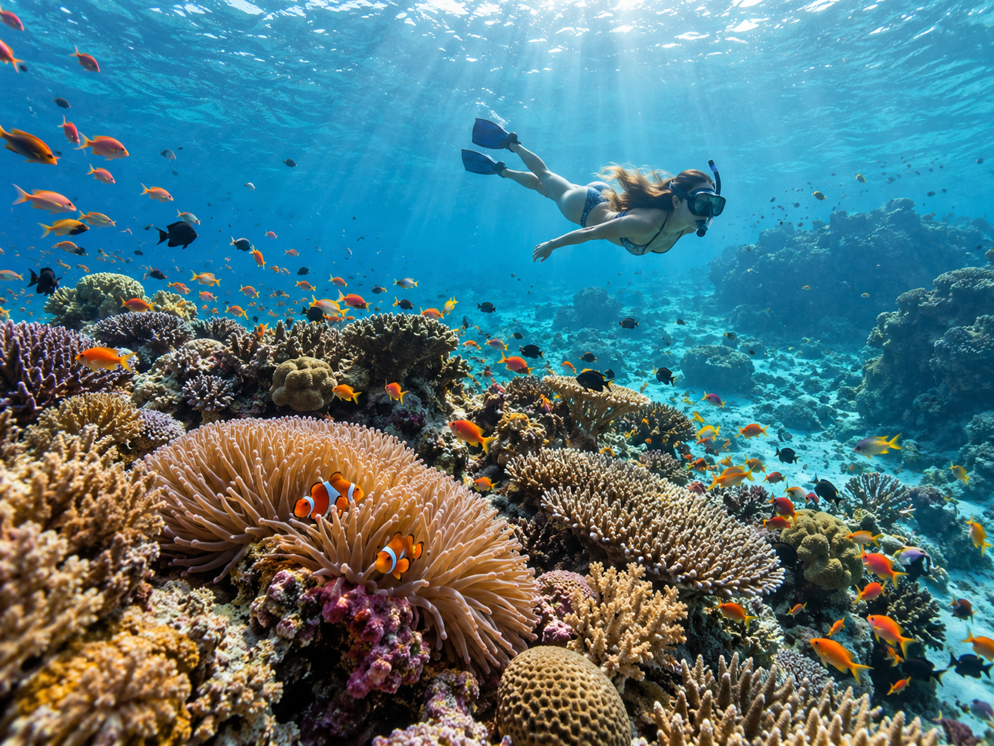 snorkeling or diving among corals and tropical fish