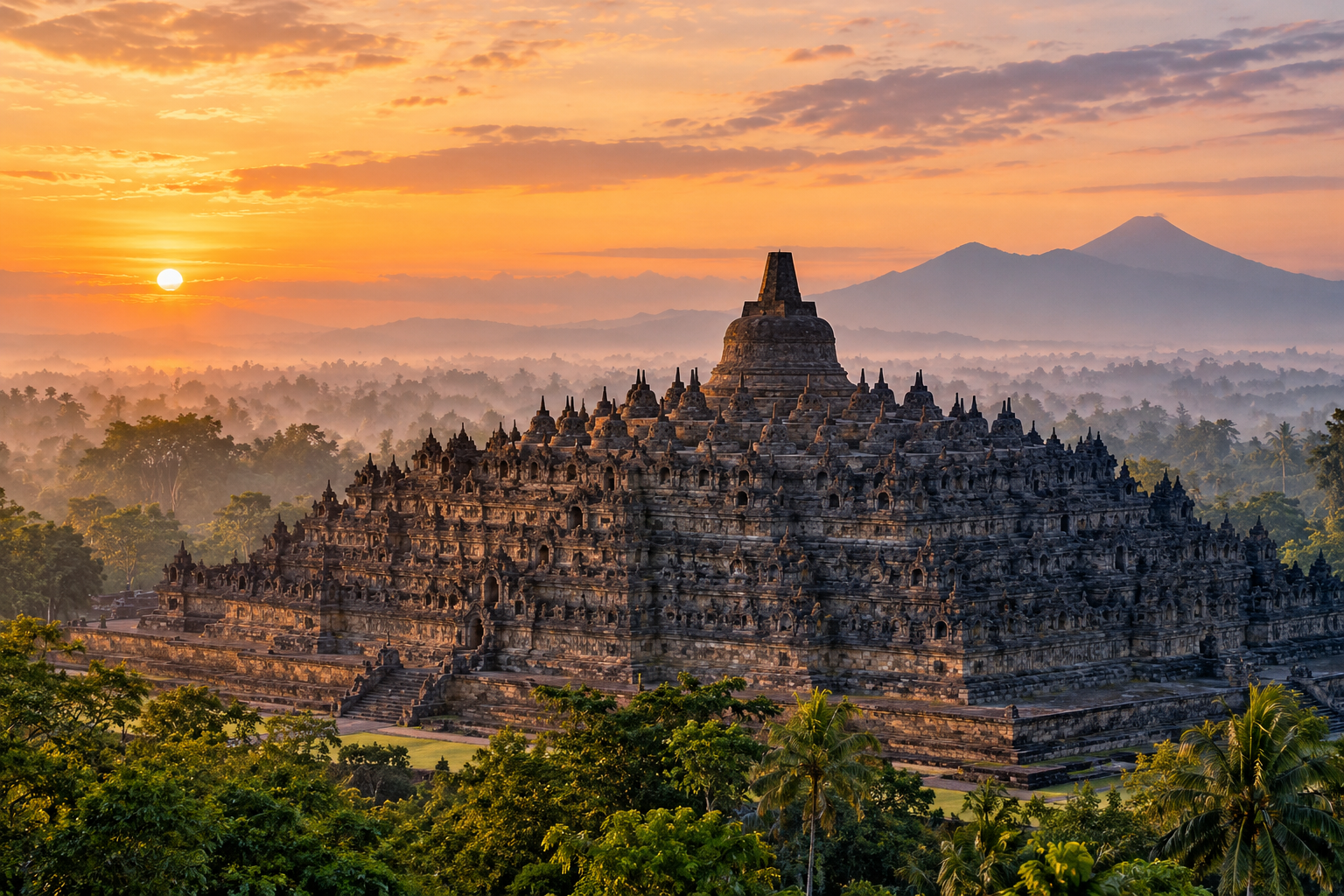 Yomg'ir, ho'l tosh va tumandan keyin Borobudur