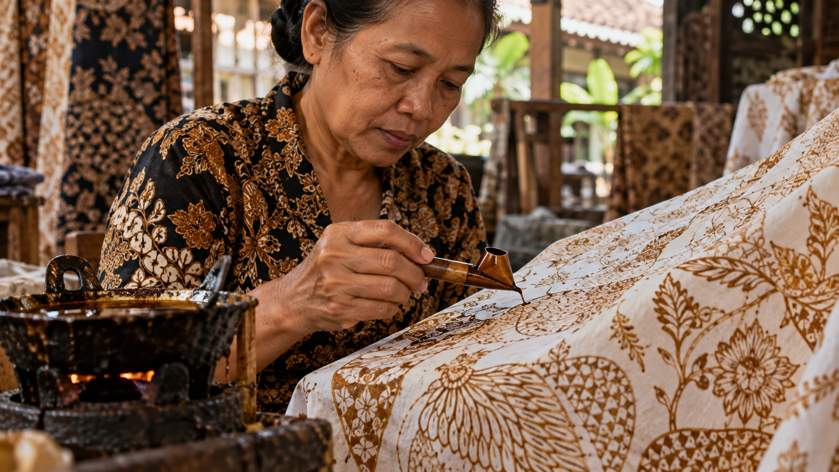 Yakkaxon batik ustaxonasi, usta qo'llari, mato va issiq mum