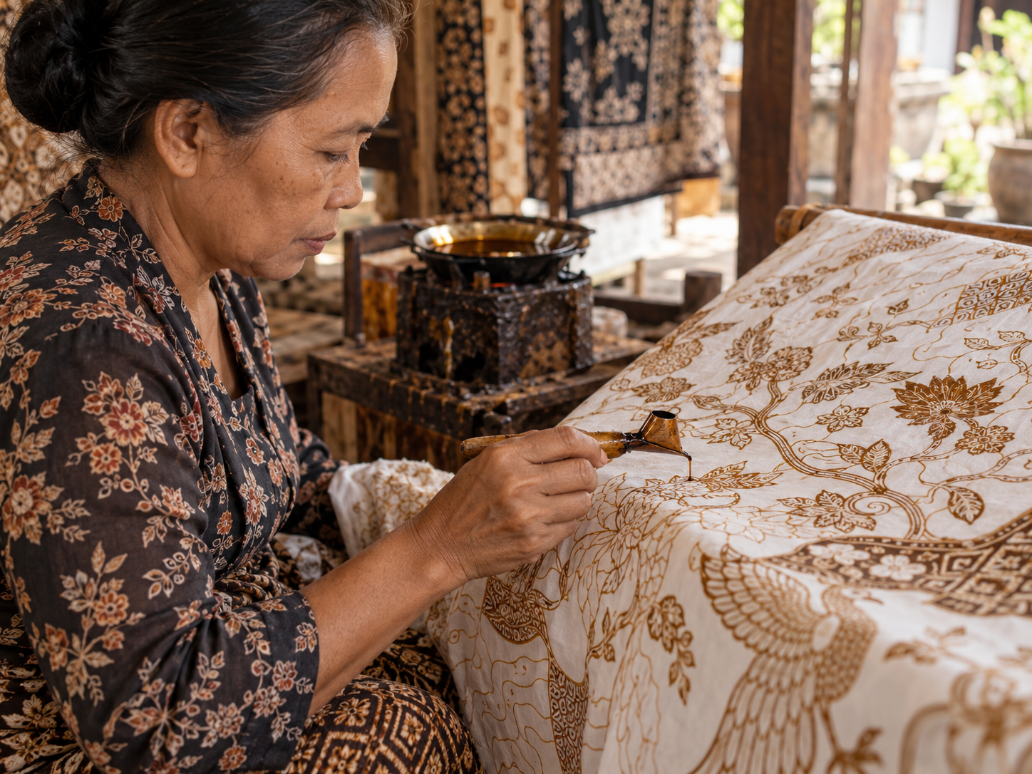 Hunarmand qo'lda batik yasaydi, mato va mumdan foydalanib, kanting yasaydi