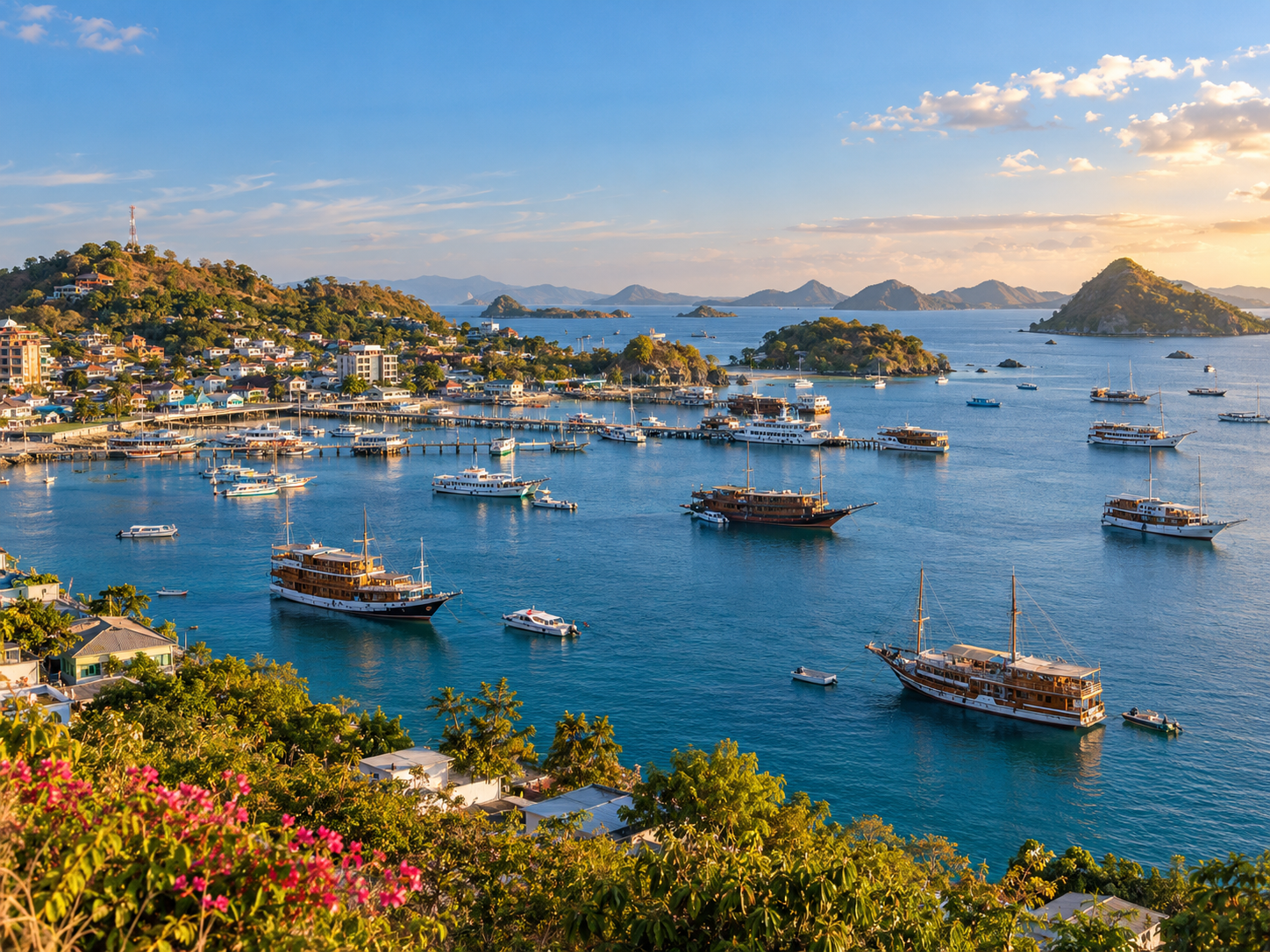 A panorama of Labuan Bajo harbor with boats and islands on the horizon