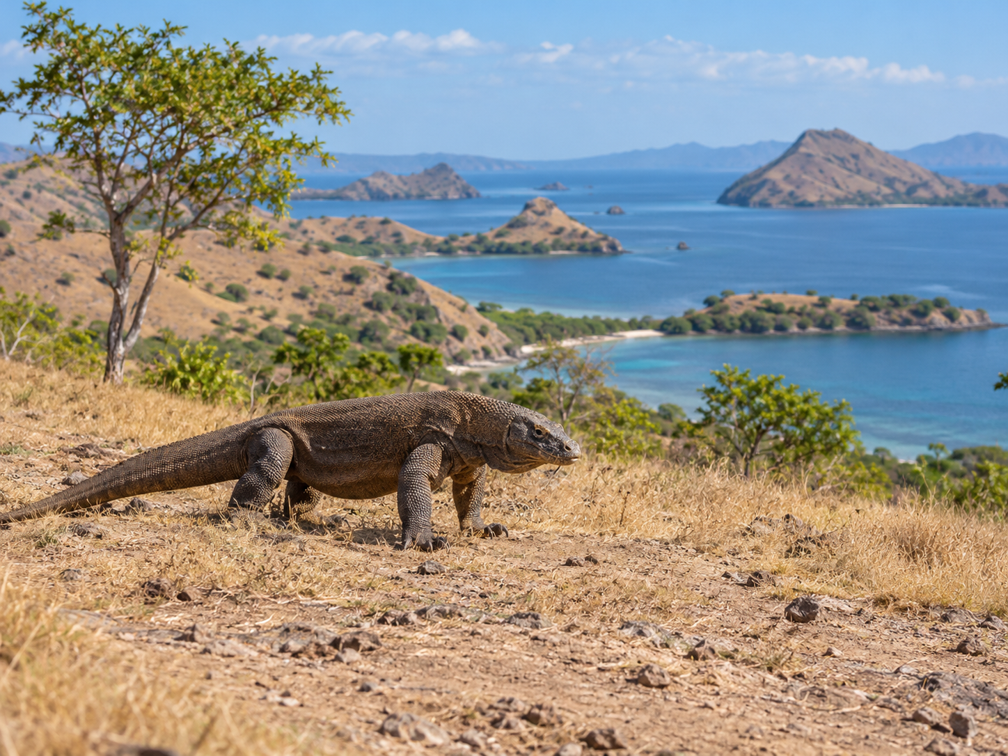 The dry savannah of Komodo Island or Rinca with a monitor lizard at a safe distance