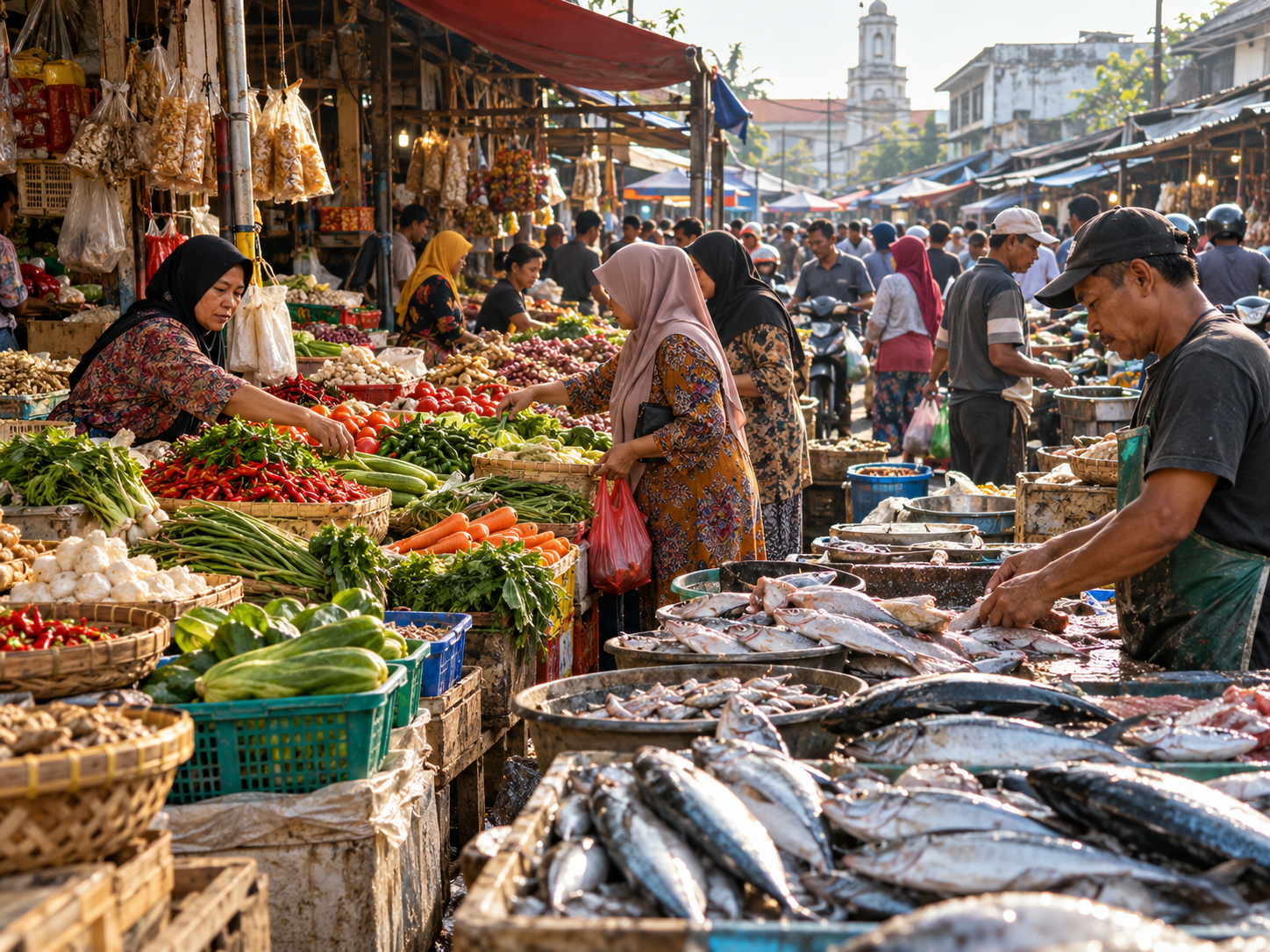 Surabaya's bustling morning market, filled with vegetables, fish, spices and vendors