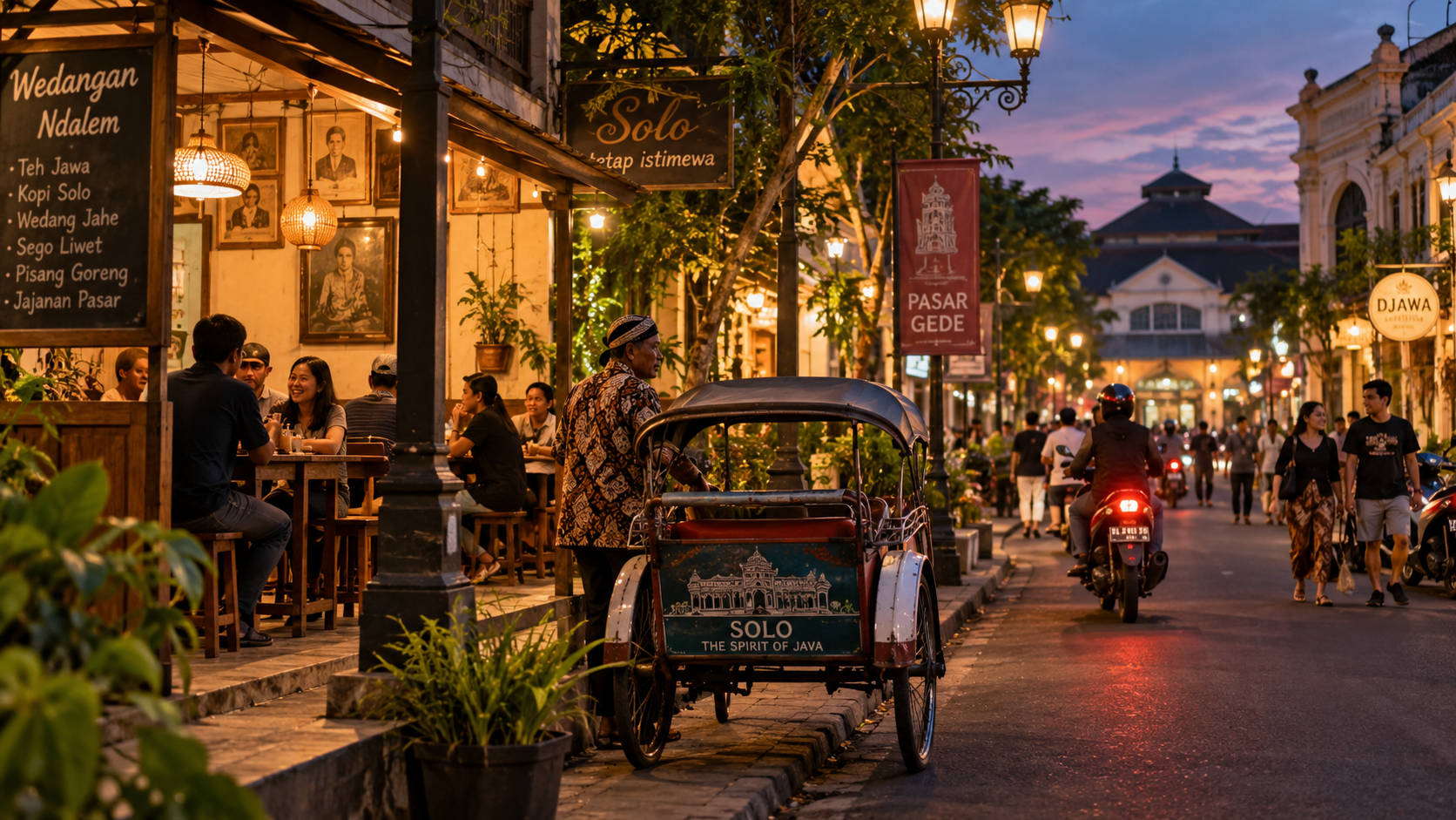 Kechqurun Solo ko'chasi, mahalliy kafelar, becak, yumshoq va iliq yorug'lik