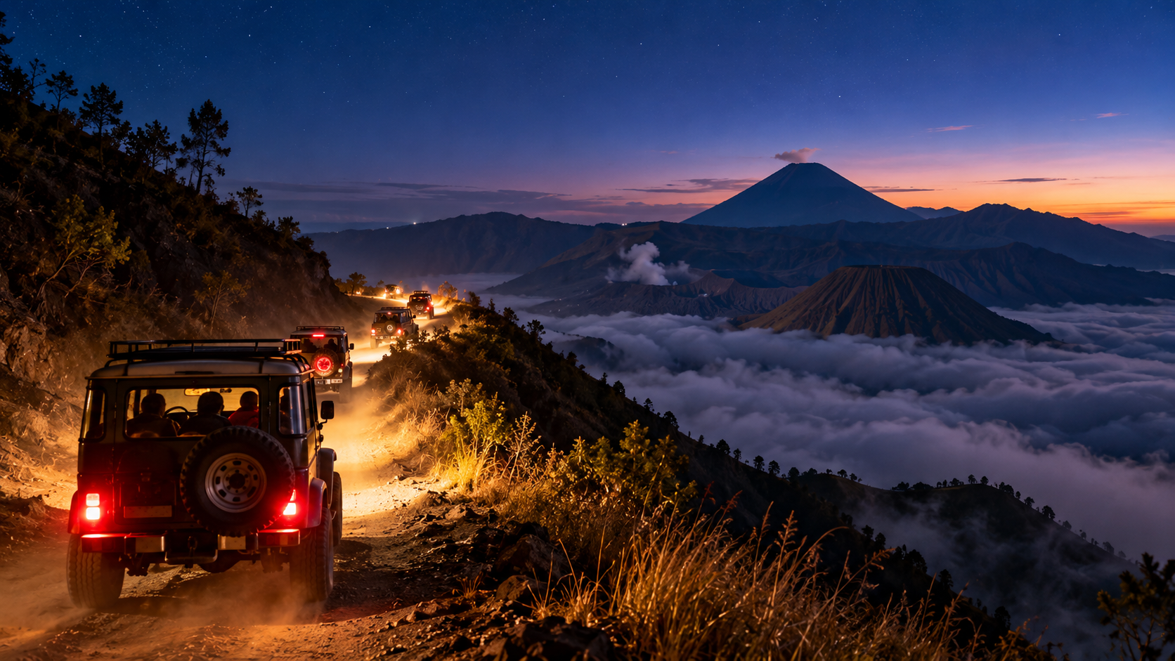 orqa fonda Bromo bilan keng qum dengizida jip