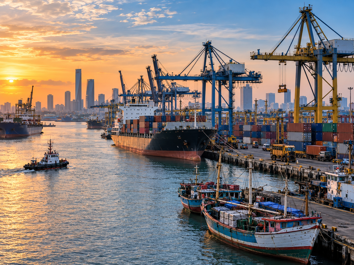 Surabaya port with ships, traditional boats, cranes and the city skyline on the horizon