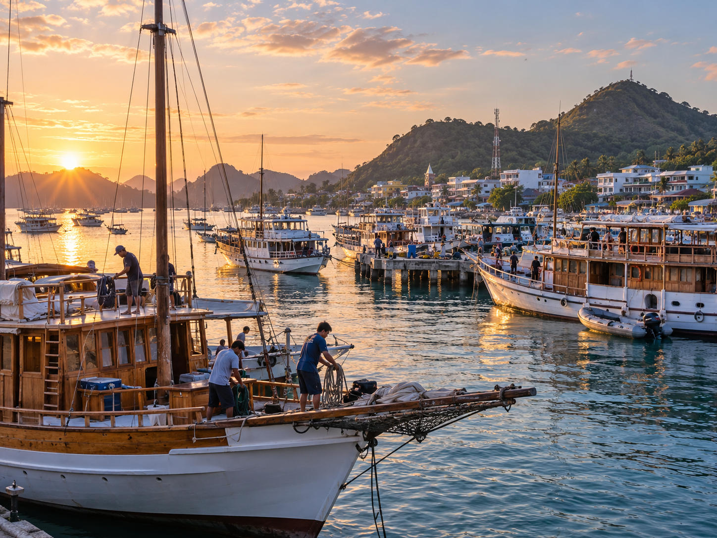 boats in the harbor early in the morning, preparing to go to sea
